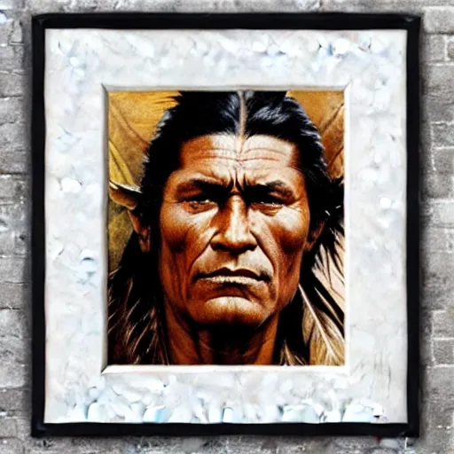 Prompt: ultra realistic portrait painting of a native american, art by frank frazetta, vintage levi ’ s ad, stormy weather, dark vibes, 4 k, ultra realistic, highly detailed, epic lighting