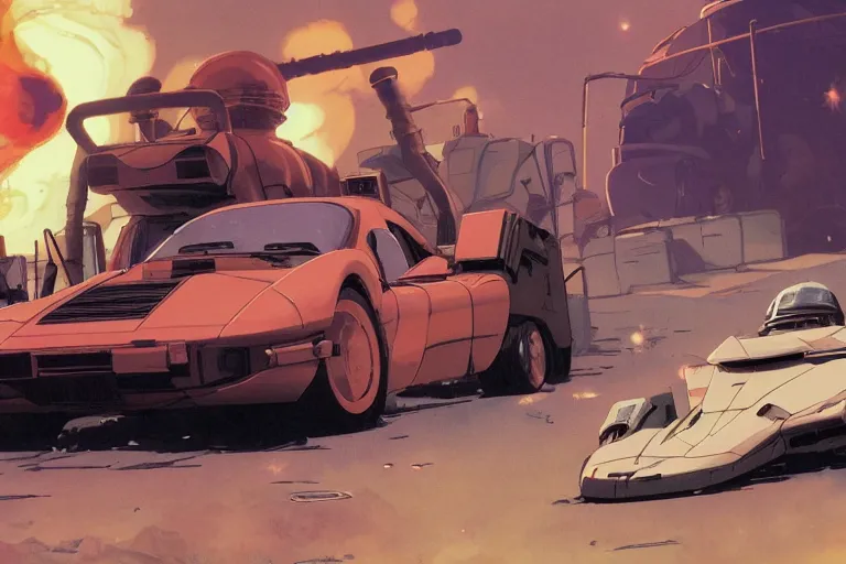 Prompt: 2 0 0 1 space odyssy diesepunk autozam az - 1 mad max speeding through a burning fuel depot chase chain gun by greg rutkowski makoto shinkai takashi takeuchi studio ghibli, akihiko yoshida