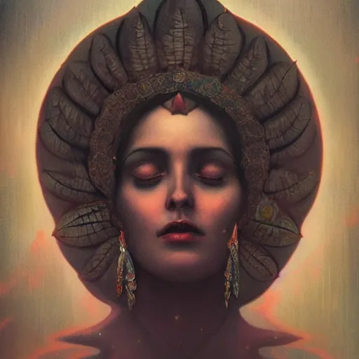 Prompt: old Indian majestic lady, looking upwards, meditation, despair, mystic, by Anato Finnstark, Tom Bagshaw, Brom