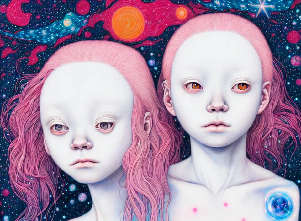 Prompt: portrait of the albino girl with starry eyes, hikari shimoda, james jean, cosmic, manga,anime