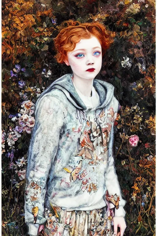 Image similar to sadie sink in a hoodie, 1 9 2 0 s fashion, fantasy, art by ayami kojima, vasnetsov, cedric peyravernay