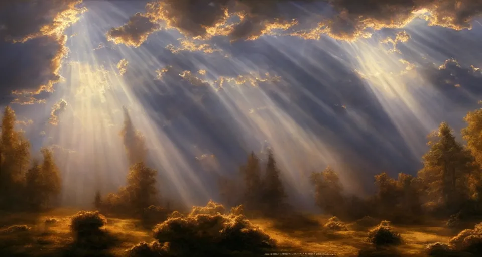 Image similar to heaven with angels floating on clouds god rays, by eugene von guerard, ivan shishkin, dramatic lighting, concept art, trending on artstation, 8 k