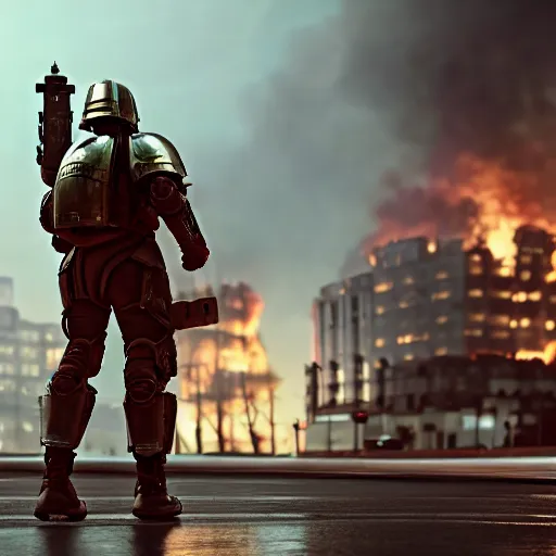 Image similar to Heavily armored soldier with a shield riding a hoverboard with several buildings on fire behind him, cinematic lighting, highly detailed, 8k octane render