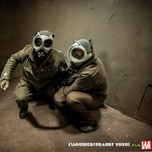 Image similar to madman in gasmask beats up mutants in soviet bunker