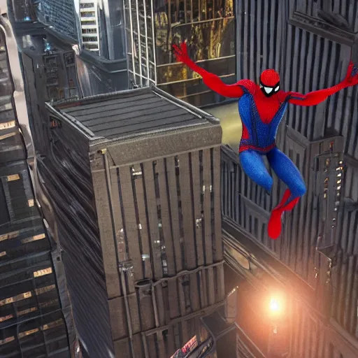 Image similar to A photo of an live-action animated SpiderMan movie, rendered in Unreal Engine, 8K concept art, detailed, cohesive, mixed media, volumetric lighting, ambient occlusion, 8K 3D, shot on Kodak Ektar