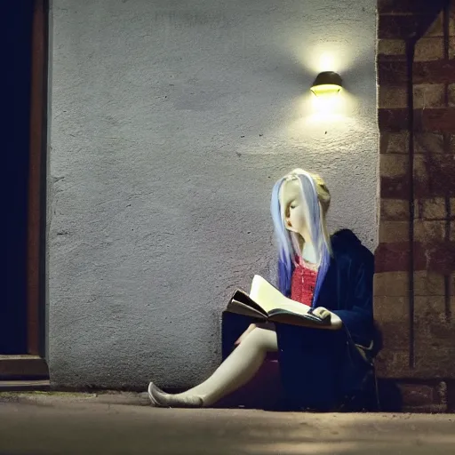 Image similar to luna lovegood sitting in a dark alley reading a book in a hyper realistic shot, low light