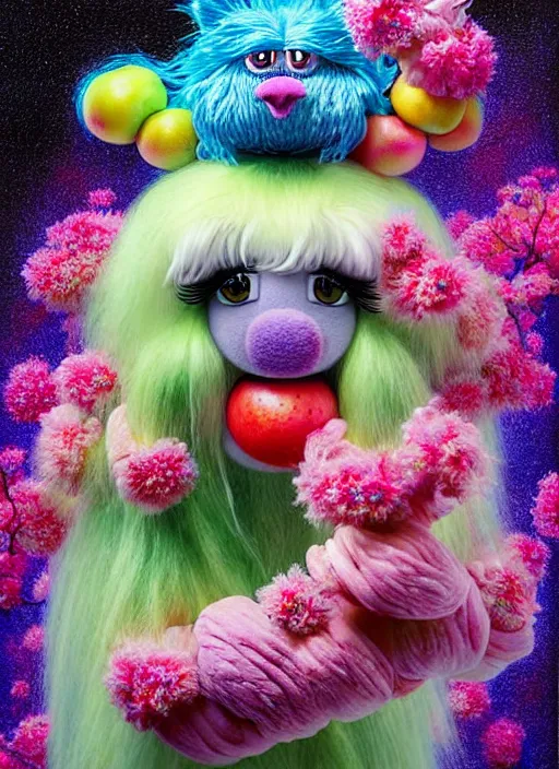 Image similar to hyper detailed 3d render like a Oil painting - kawaii portrait Aurora (the muppet animal) seen Eating of the Strangling network of yellowcake aerochrome and milky Fruit and His delicate Hands hold of gossamer polyp blossoms bring iridescent fungal flowers whose spores black the foolish stars by Jacek Yerka, Ilya Kuvshinov, Mariusz Lewandowski, Houdini algorithmic generative render, Abstract brush strokes, Masterpiece, Edward Hopper and James Gilleard, Zdzislaw Beksinski, Mark Ryden, Wolfgang Lettl, hints of Yayoi Kasuma, octane render, 8k