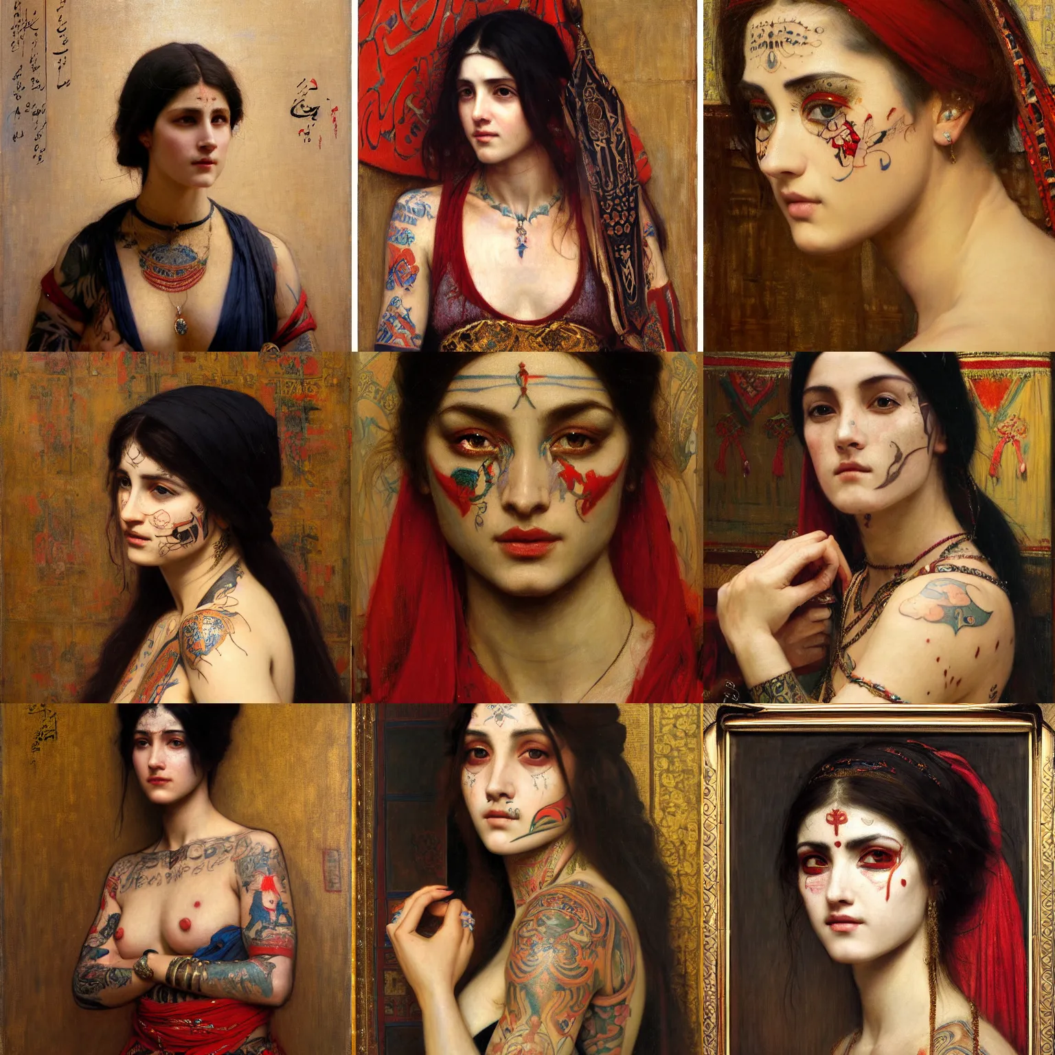 Prompt: orientalist painting of a woman with tattoos on her face intricate portrait by john william waterhouse and Edwin Longsden Long and Theodore Ralli and Nasreddine Dinet, oil on canvas. Cinematic, hyper realism, dramatic lighting, high detail 8k