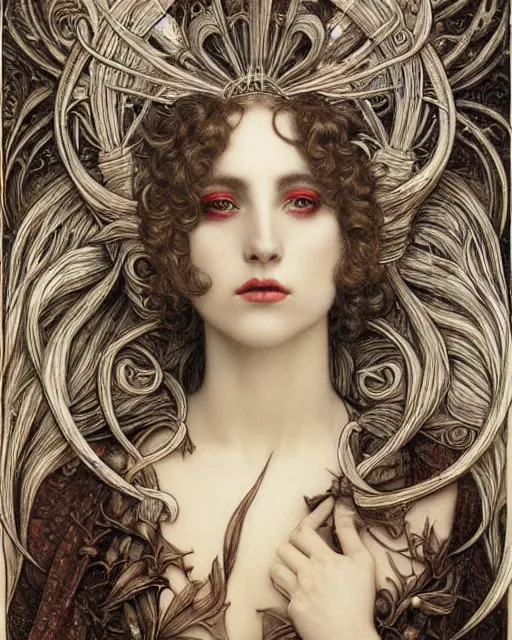 Image similar to in the style of beautiful lady gaga steampunk, detailed and intricate by jean delville, gustave dore and marco mazzoni, art nouveau, symbolist, visionary, gothic, pre - raphaelite