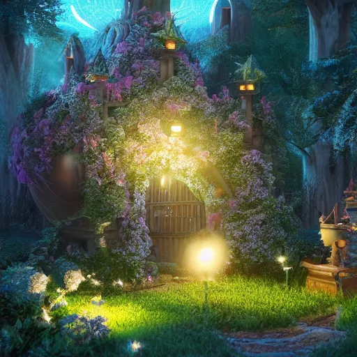 Image similar to fairy glowing magically at night concept art, realistic garden, beautiful, glorious, matte painting, highly detailed, trending on artstation, 4 k, rendered in octane, unreal engine