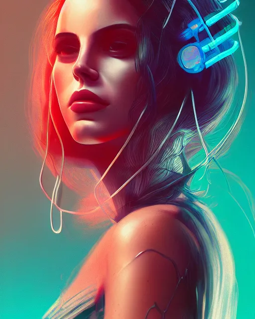 Image similar to portrait of lana del rey as a cyberpunk cyborg. intricate abstract. intricate artwork, tear drops, roses, by tooth wu, wlop, beeple, dan mumford. concept art, octane render, trending on artstation, greg rutkowski, asymmetrical, cinematic arthouse, key art, hyper realism, iridescent accents