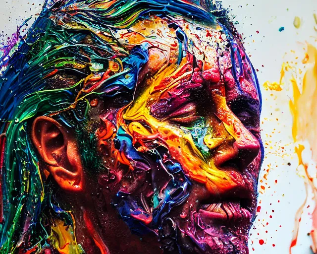 Image similar to still shot close up footage of the portrait of a human head explodes and disintegrates into acrylic pour and splashing paint, motion blur, hyperrealistic, medical, intricate art photography, anatomically correct, realistic crisp textures, 1 6 k