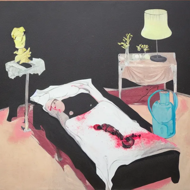 Prompt: empty room with black walls, sensual portrait of a woman sleeping, japanese vase, old flowers, puddle of water, octopus, squashed berries, neo - expressionism, surrealism, acrylic and spray paint and oilstick on canvas