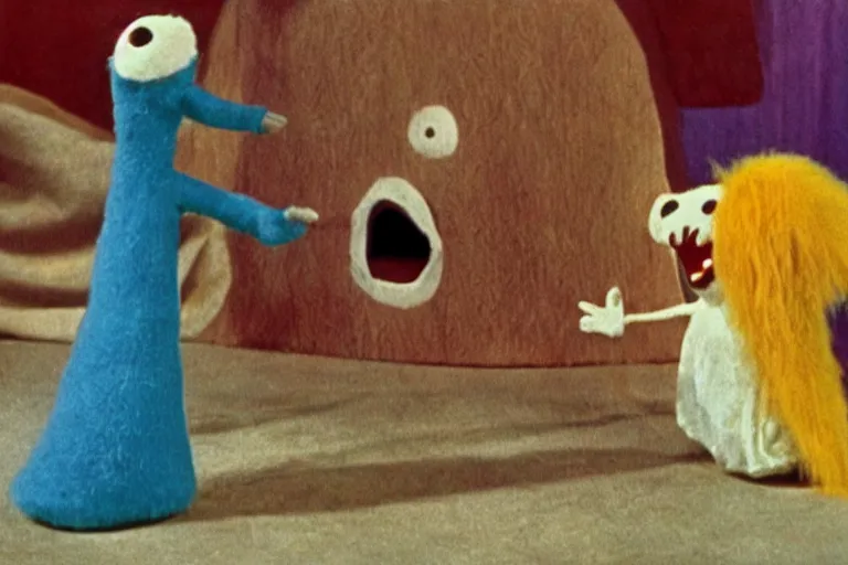 Prompt: a color still from a weird 1972 kids tv show where a sad cheese puppet and a furry ghost have a tickle party with death tent