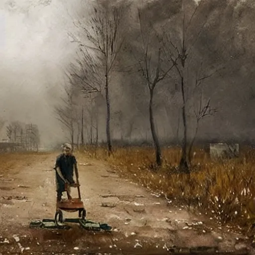 Image similar to painting by jakub rozalski of a person walking with a wheelbarrow in an abandoned post soviet town infested with root monsters