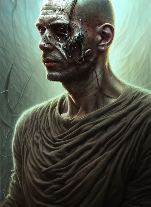 Prompt: closeup portrait shot of a psycho killer in a scenic dystopian environment, intricate, elegant, highly detailed, centered, digital painting, artstation, concept art, smooth, sharp focus, illustration, artgerm, tomasz alen kopera, peter mohrbacher, donato giancola, joseph christian leyendecker, wlop, boris vallejo