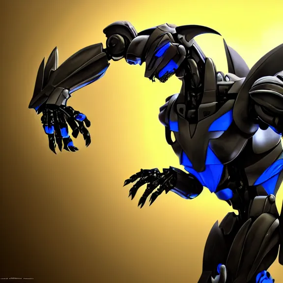 Prompt: cinematic shot, detailed handsome feral robot mecha dragon, sharp edged black armor, gold accents, sleek blue visor for eyes, two arms, two legs, two massive black wings on his back, walking in busy city streets, epic shot, highly detailed art, 3D realistic, furry art, dragon art, feral art, macro art, furaffinity, DeviantArt, sofurry