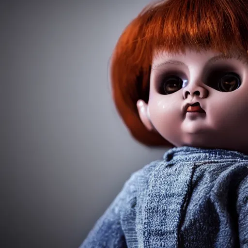 Image similar to creepy doll sitting on shelf, staring at camera, 8 k, photorealistic, dark