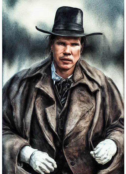 Image similar to portrait, Val Kilmer, Doc Holiday, Tombstone, watercolor, dramatic lighting, cinematic, establishing shot, extremely high detail, foto realistic, cinematic lighting, pen and ink, intricate line drawings, by Yoshitaka Amano, Ruan Jia, Kentaro Miura, Artgerm, post processed, concept art, artstation, matte painting, style by eddie mendoza, raphael lacoste, alex ross