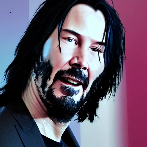 Image similar to keanu reeves breaking up with keanu reeves in front of a crowd of keanu reeves in the gym in hawkins, in the style of james jean, artstation trending, 8 k, 3 d render, photorealistic, volumetric lighting caustics, pink