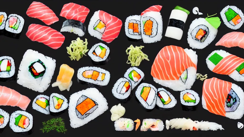 Image similar to a selection of single sushi platters, several items in an array, japan, a collage painting, in the style of wes anderson, lola dupre, david hockney, isolated on negative white space background dark monochrome neon spraypaint accents volumetric octane render