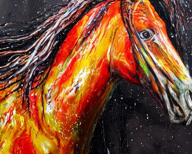 Image similar to still shot close up footage of the portrait of a horse head explodes and disintegrates into acrylic pour and splashing paint, motion blur, hyperrealistic, medical, intricate art photography, anatomically correct, realistic crisp textures, 1 6 k