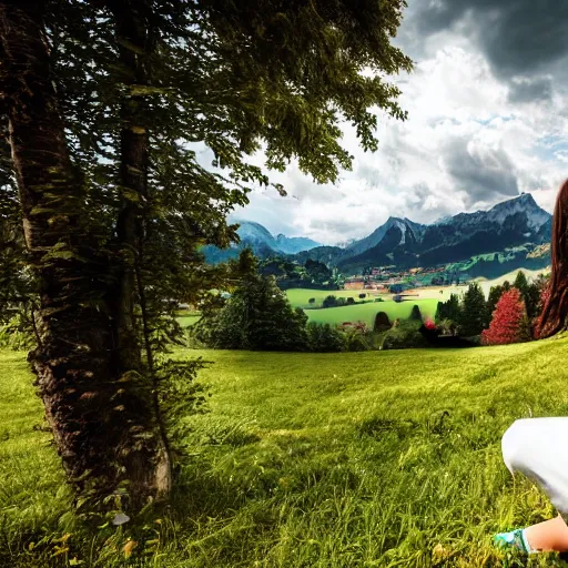 Image similar to a beautiful photograph of a girl with switzerland landscape in the background with trees, hdr, 8 k, high quality, sharp focus, artstation, highly detailed, award - winning, dramatic lighting, beautiful clouds, and nature