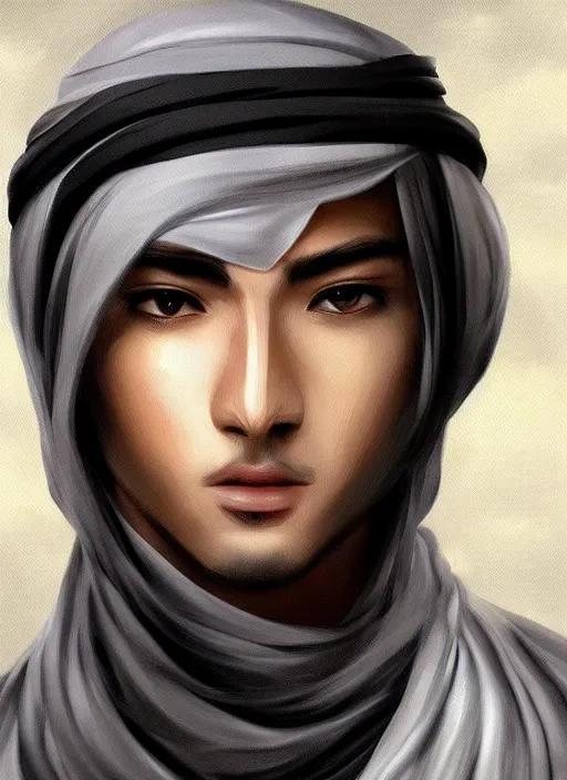 Prompt: beautiful painting arab male jung elegant, highly detailed, digital painting, artstation, concept art, smooth, sharp focus, illustration, inspirational in anime, perfect face