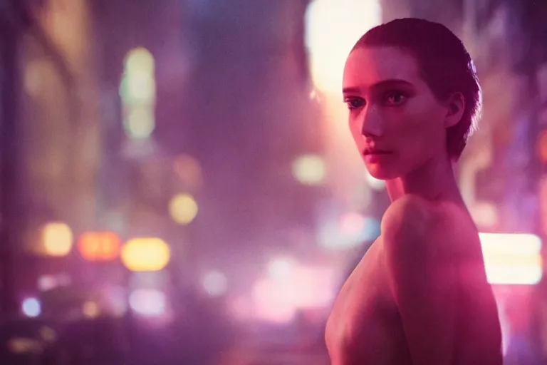 Image similar to VFX movie portrait closeup beautiful blade runner hologram woman natural skin, natural night street lighting in the city alley by Emmanuel Lubezki