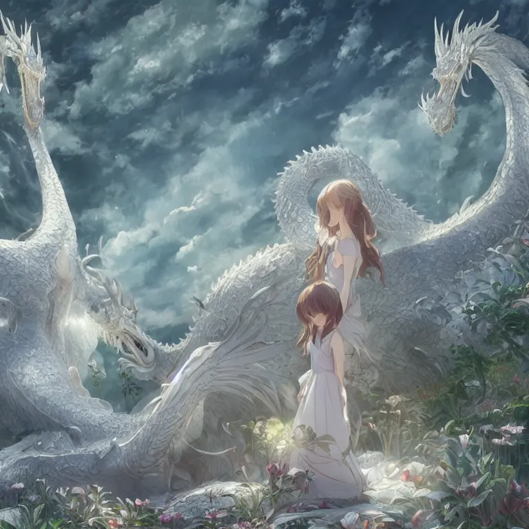 Image similar to the beautiful hyper detailed scene render that a lonely beautiful girl lies in the arms of a huge silver white dragon alone in fairyland surrounded by white clouds, finely detailed angelic face delicate features, style of studio ghibli, makoto shinkai, raphael lacoste, louis comfort tiffany, artgerm, james jean, ross tran, animation style, hd, ultra wide angle