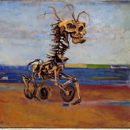 Image similar to The body art features a human figure driving a chariot. The figure is skeletal and frail, with a large head and eyes. The chariot is pulled by two animals, which are also skeletal and frail. turquoise by Sean Scully, by Arthur Streeton melancholic, colorful