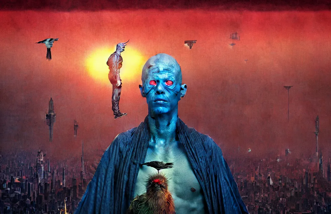 Prompt: realistic detailed portrait movie shot of a birdman in dark ragged robes, futuristic city sunset landscape background by denis villeneuve, amano, yves tanguy, alphonse mucha, ernst haeckel, max ernst, alejandro jodorowsky, masterpiece, rich moody colours, bird head, blue eyes, hyperdetailed