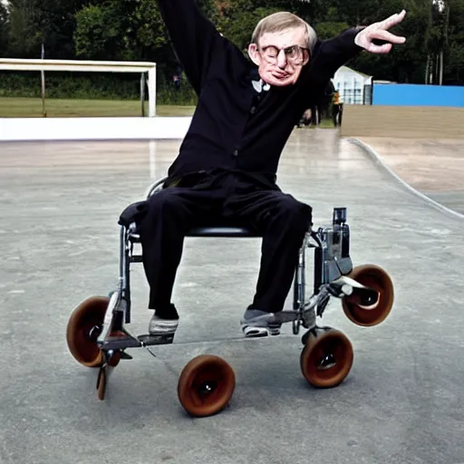 Image similar to Stephen Hawking doing a flip off a ramp at a skate park