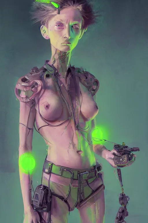 Image similar to an epic non - binary model, subject wearing a belt made out of computer mice, grungy, beautiful, intricate, muted tonal colors, with few neon green highlights, by jeremy mann and ilya kuvshinov, jamie hewlett and ayami kojima, trending on artstation, bold 3 d