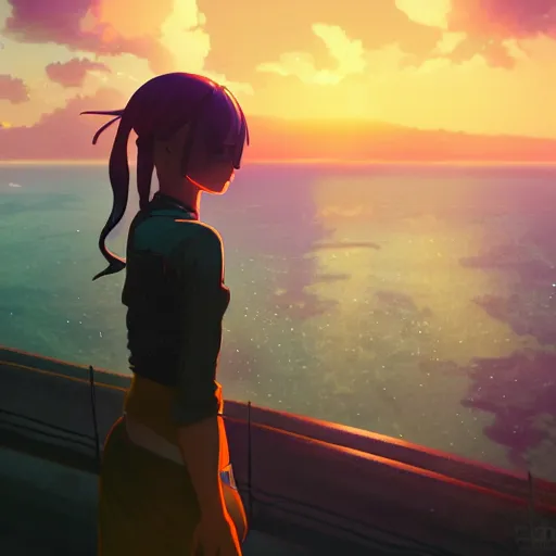 Image similar to A cyborg girl standing on the hill looking at the sea with a sunset in style of Makoto Shinkai and Cyberpunk. ArtStation, 8K, Highly Detailed, Intricate, Album Art.