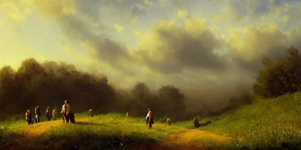 Image similar to a big hillside meadow in 1 9 4 0 with blue light on, sunny day, a men stand up on the road, mystical orange fog, oil on canvas, art by andreas achenbach, clemens ascher, tom bagshaw and sabbas apterus,