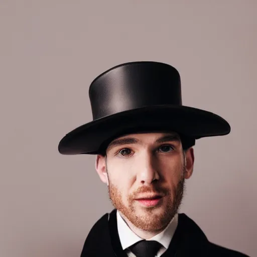 Image similar to a gentleman wearing a tall black leather hat, cinematic style