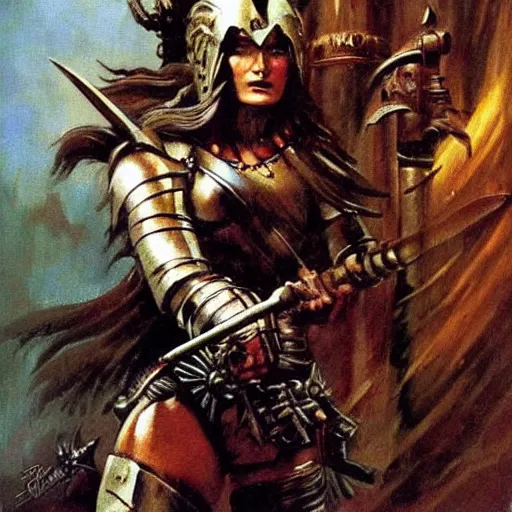 Image similar to fantasy painting by Frank Frazetta portraying a female warrior in armor,wielding a spear,high quality,beautiful,detailed