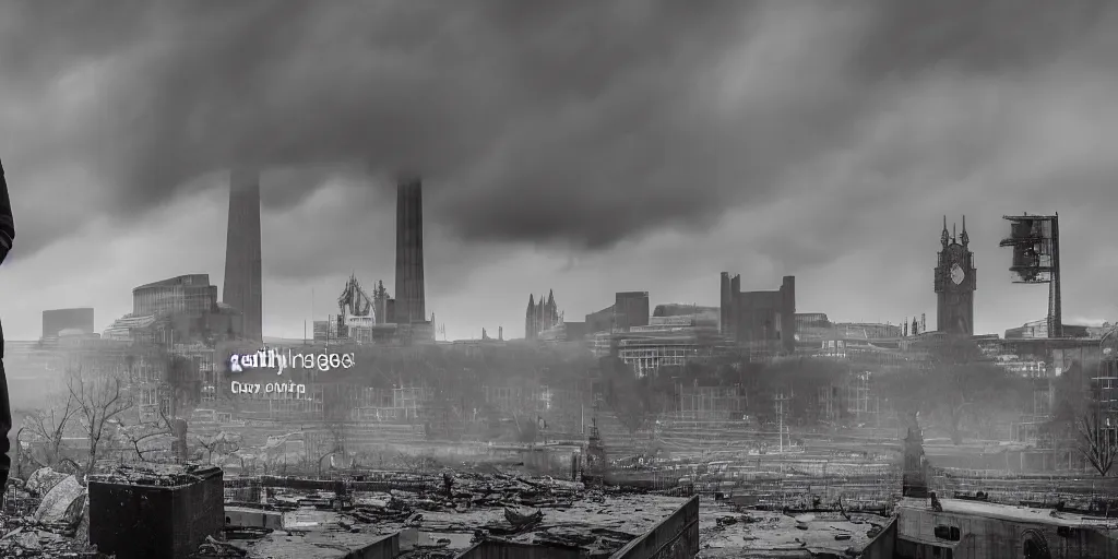 Image similar to a portrait of Boris Johnson standing in front a nuclear landscape of the southbank centre in london, the london eye and big ben are still standing, collapsed brutalist architecture, groups of human figures stagger amongst the ruins, fog, dust atmosphere, brooding clouds, mushroom cloud, detailed, 4k