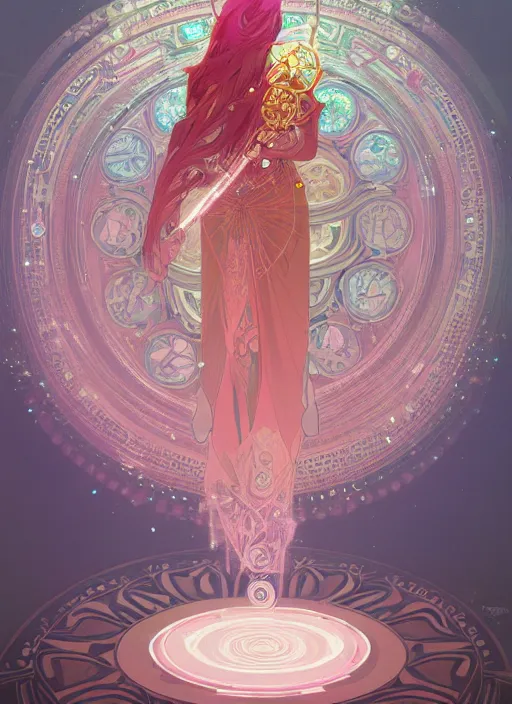 Prompt: a levitating magician surrounded by spirals of sparkling crystal, diamond and rose quartz, full body view, beautiful high quality realistic fantasy art but its hyper light drifter, trending on artstation by alphonse mucha, surrealism