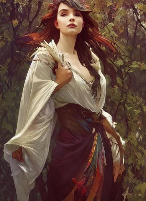 Prompt: a young woman fantasy adventurer with a cloak made of feathers, beautiful painting by artgerm and greg rutkowski and alphonse mucha