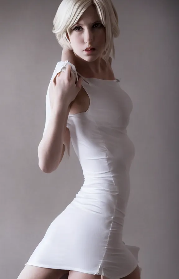Image similar to studio photo of gorgeous seductive emily skinner cosplaying annie leonhart wearing tight white dress, beautiful face, pale skin, rule of thirds, cinematic lighting, sharp focus, backlit, stunning, smooth, hard focus, full body shot