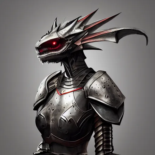 Prompt: stunning cinematic torso shot of a beautiful female knight, but as an anthropomorphic female dragon, well designed highly detailed perfect female robot dragon head with slick LED eyes, well armored, sharp claws, HD octane render, fantasy, furry art, Artstation, Deviantart, Furaffinity