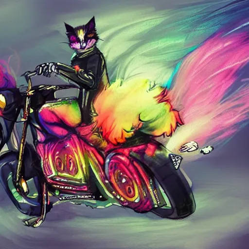 Image similar to wide angle full body, jacket wearing fluffy cute rainbow kitten wearing a black leather motorcycle jacket, riding on a motorcycle, cinematic concept art