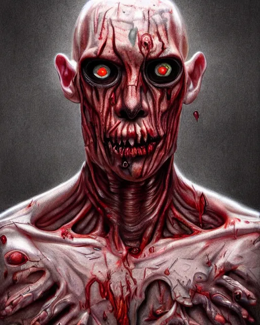 Image similar to Haunting horrifying hyperrealistic detailed painting of a tall slim flesh demon covered in thick black blood, heavy metal, disgusting, creepy, unsettling, and bloodshot eyeballs, hyper detailed, trending on Artstation