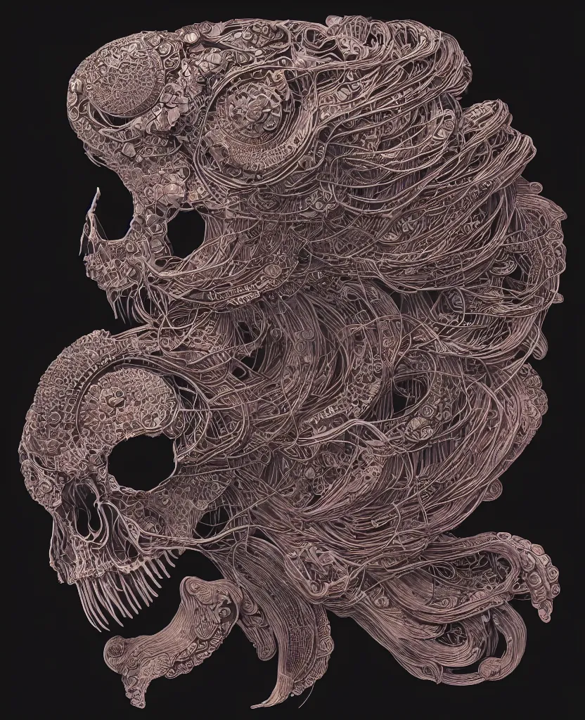 Image similar to fully black background. background hex 000000. goddess princess face close-up portrait ram skull. japanese coloured paper bas relief paper sculpture. jellyfish phoenix head, nautilus, orchid, skull, betta fish, bioluminiscent creatures, intricate artwork by Tooth Wu and wlop and beeple. octane render, trending on artstation, greg rutkowski very coherent symmetrical artwork. cinematic, hyper realism, high detail, octane render, 8k