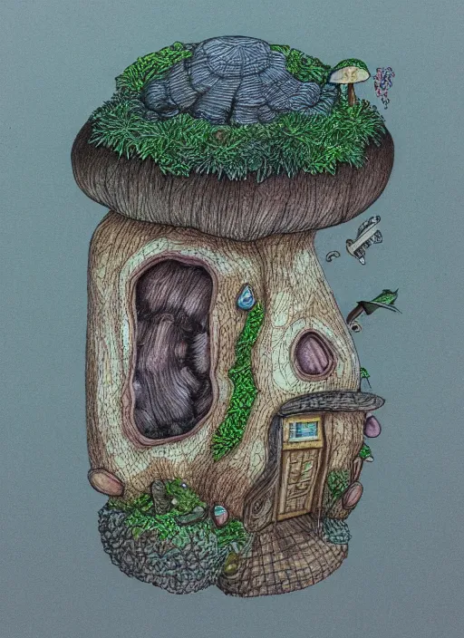 Image similar to a hybrid between a mushroom and a house,, insanely detailed, studio light, 3 d rendering, colored pencil