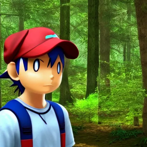 Prompt: realistic photo of ash ketchum in a forest, well lit, real, photogenic, detailed, 8 k, global illumination