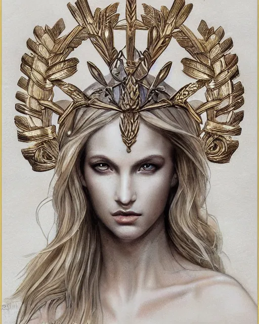 Image similar to front view of beautiful super model aphrodite greek goddess wearing a gold laurel wreath and triangle earrings, realism tattoo sketch, beautiful piercing eyes with sharp pupils, beautiful blonde hair, in the style of greg rutkowski, fantasy, amazing detail, epic, elegant, smooth, sharp focus