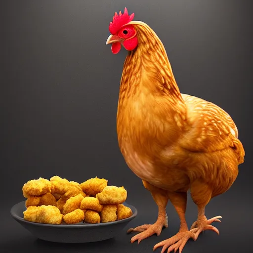 Image similar to photorealistic chicken that is eating chicken nuggets. hyperdetailed photorealism, 1 0 8 megapixels, amazing depth, glowing rich colors, powerful imagery, 3 d finalrender, 3 d shading, cinematic lighting, artstation concept art